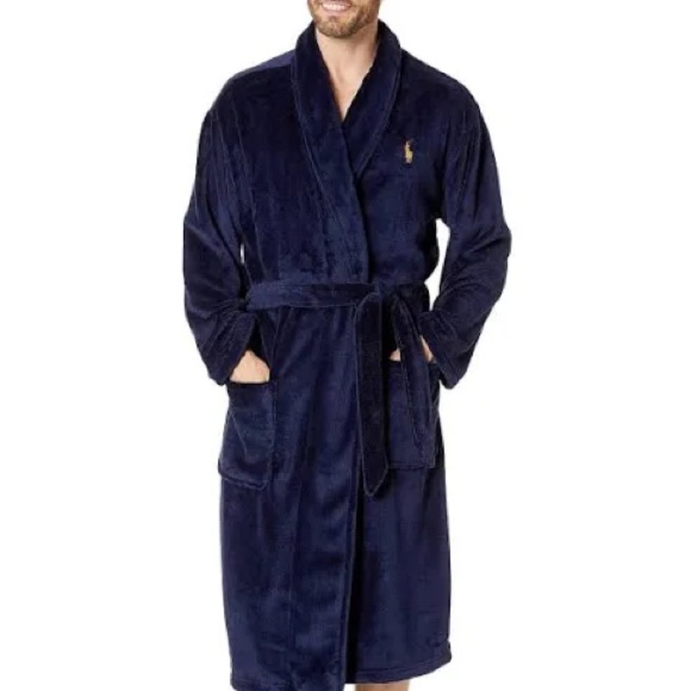 Polo Ralph Lauren robe, fuzzy and navy blue.